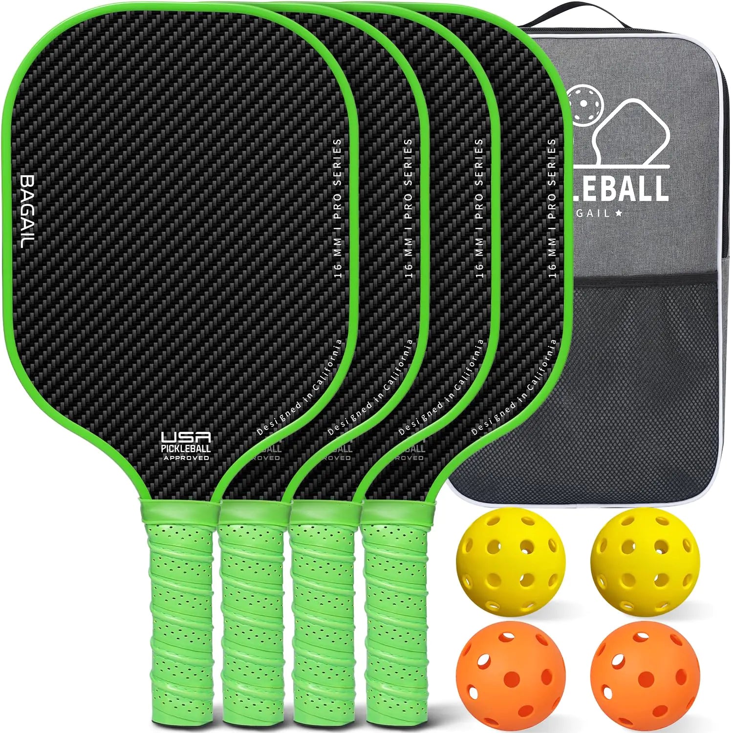BAGAIL Pickleball Paddles USAPA Approved Fiberglass Surface Pickleball Set Lightweight Pickle Ball Rackets with 4 Balls 1 Bag Designed in California for Traction and Stability - 4 Pack Green